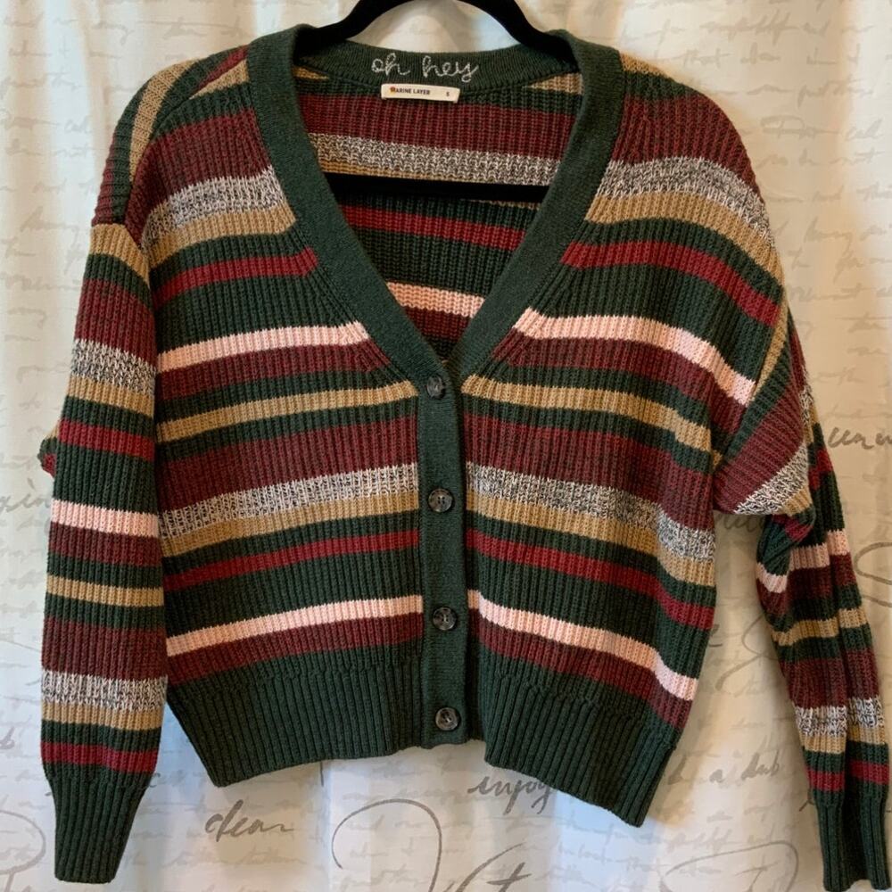 Marine Layer Oh Hey Cardigan Sweater M Cropped Chevron Striped Textured Knit - Picture 2 of 4